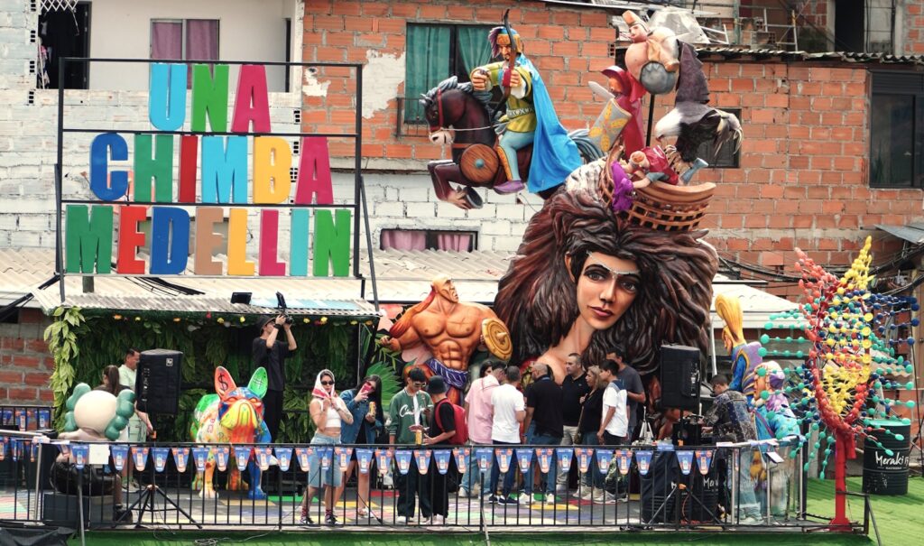 A carnival float with a man dressed as a lion